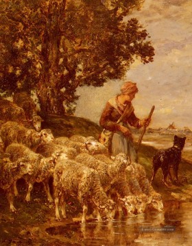 Ein Shepardess Bewässerung Her Flock Tierier Charles Emile Jacque Ölgemälde